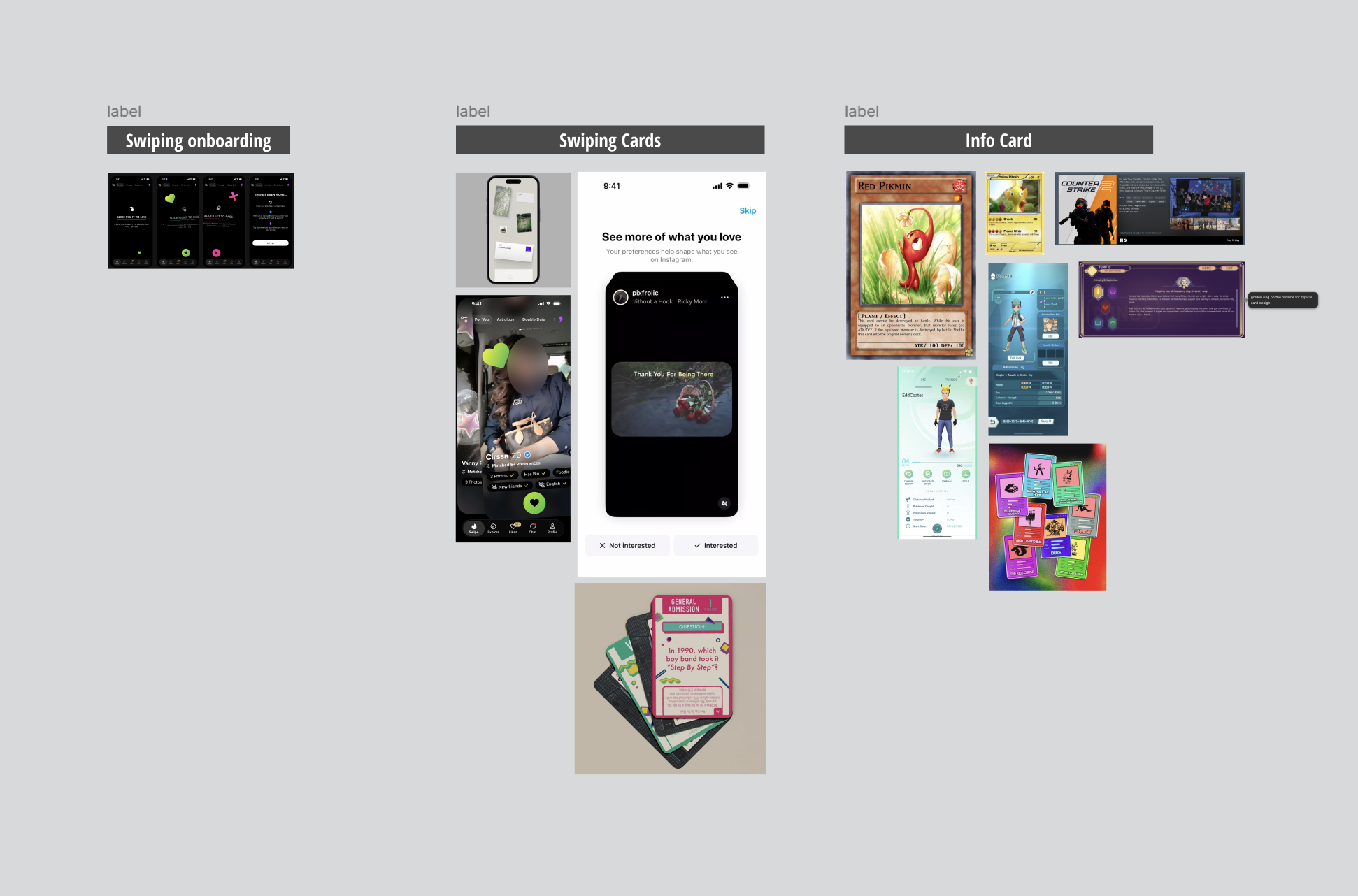 Reference board broken into three problems: swipe onboarding, the swipe interaction, and the info card itself
