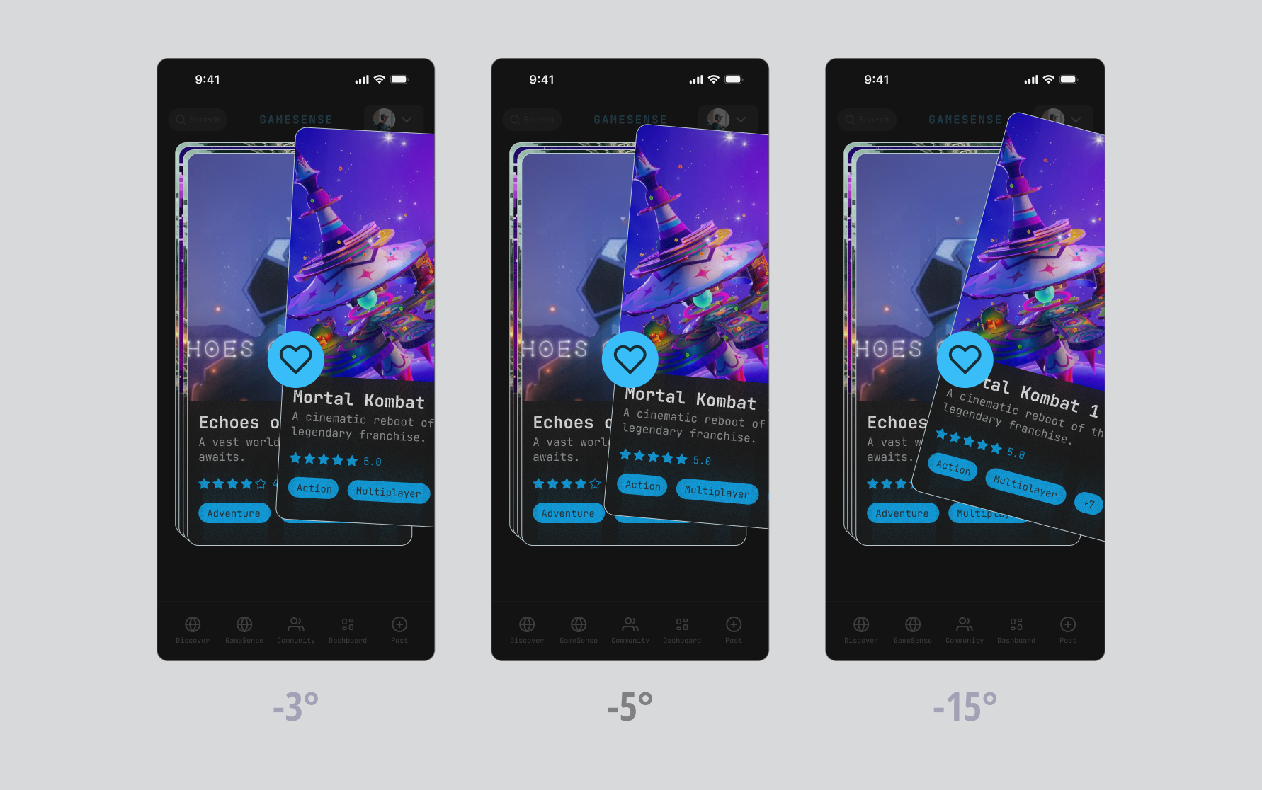 Side-by-side comparison of 3°, 5°, and 15° card tilt angles